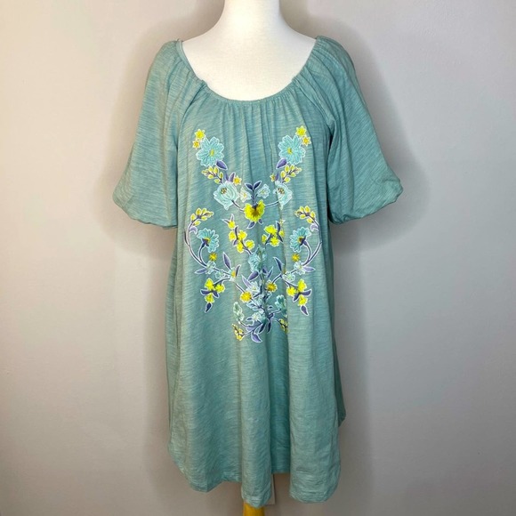 Umgee Floral Embroidered Jersey Puff Sleeve Dress - Picture 1 of 9